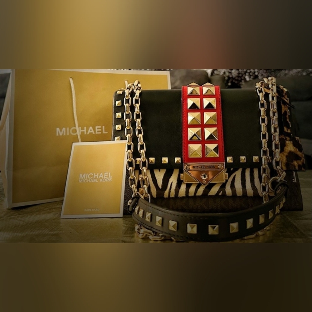 Michael Kors Cece Medium Logo Mixed-Media Convertible Black & Red Studded Bag - Picture 5 of 15